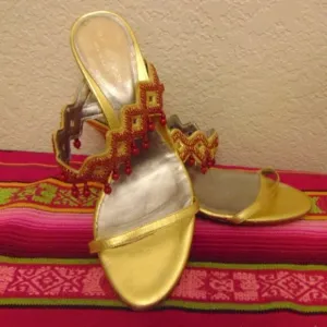 EUC SERGIO ROSSI Gold w/Dark Orange Hanging Beads 3&quot; Heels Prom Formal Open 7.5