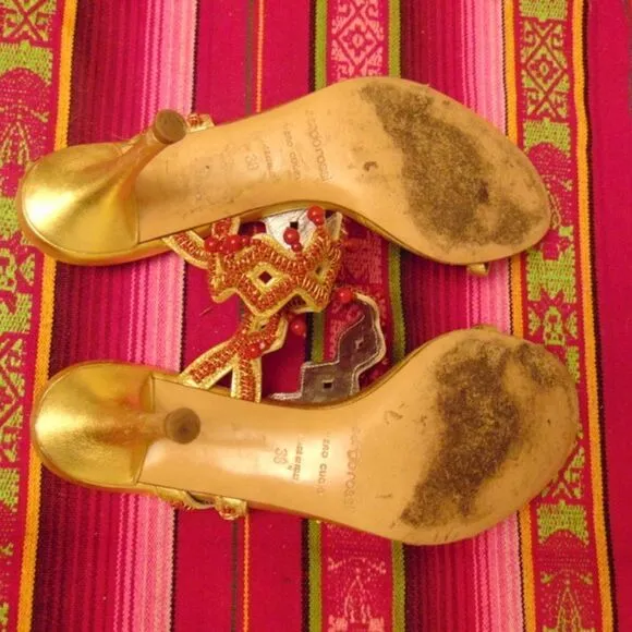 EUC SERGIO ROSSI Gold w/Dark Orange Hanging Beads 3&quot; Heels Prom Formal Open 7.5