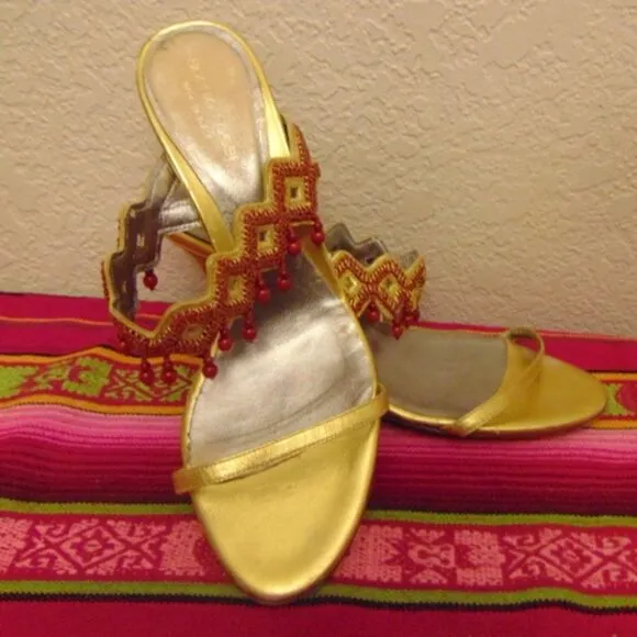 EUC SERGIO ROSSI Gold w/Dark Orange Hanging Beads 3&quot; Heels Prom Formal Open 7.5