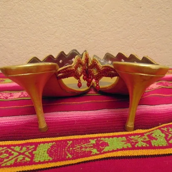 EUC SERGIO ROSSI Gold w/Dark Orange Hanging Beads 3&quot; Heels Prom Formal Open 7.5