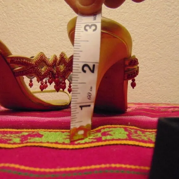 EUC SERGIO ROSSI Gold w/Dark Orange Hanging Beads 3&quot; Heels Prom Formal Open 7.5