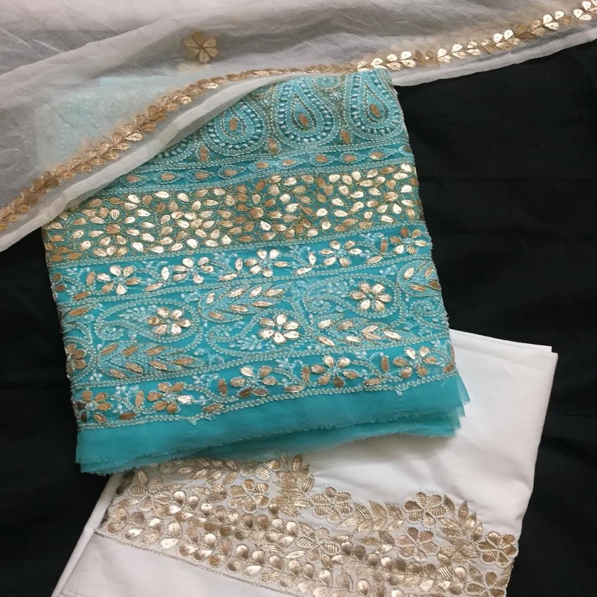 Fancy Bright Blue unique Chikankari Gota Patti Salwar Kameez Set Unstitched