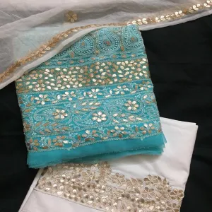 Fancy Bright Blue unique Chikankari Gota Patti Salwar Kameez Set Unstitched
