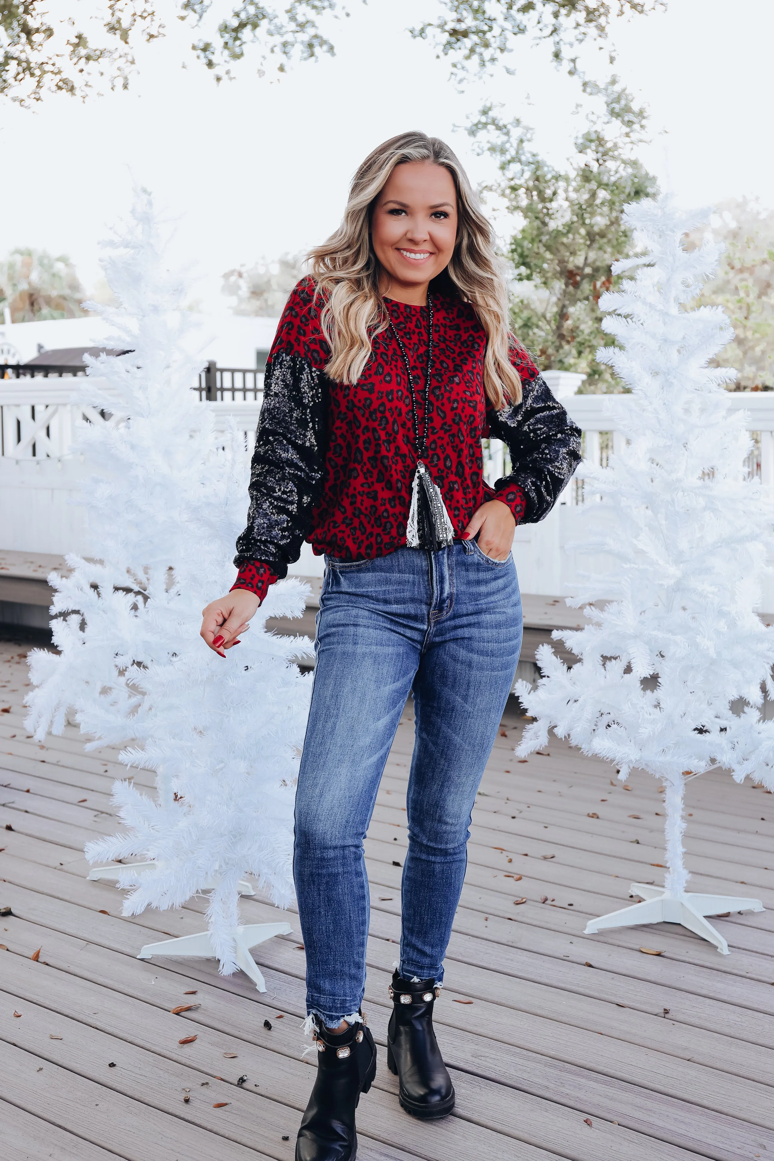 Fiery Leopard Sequin Sleeve Top - Black/Red
