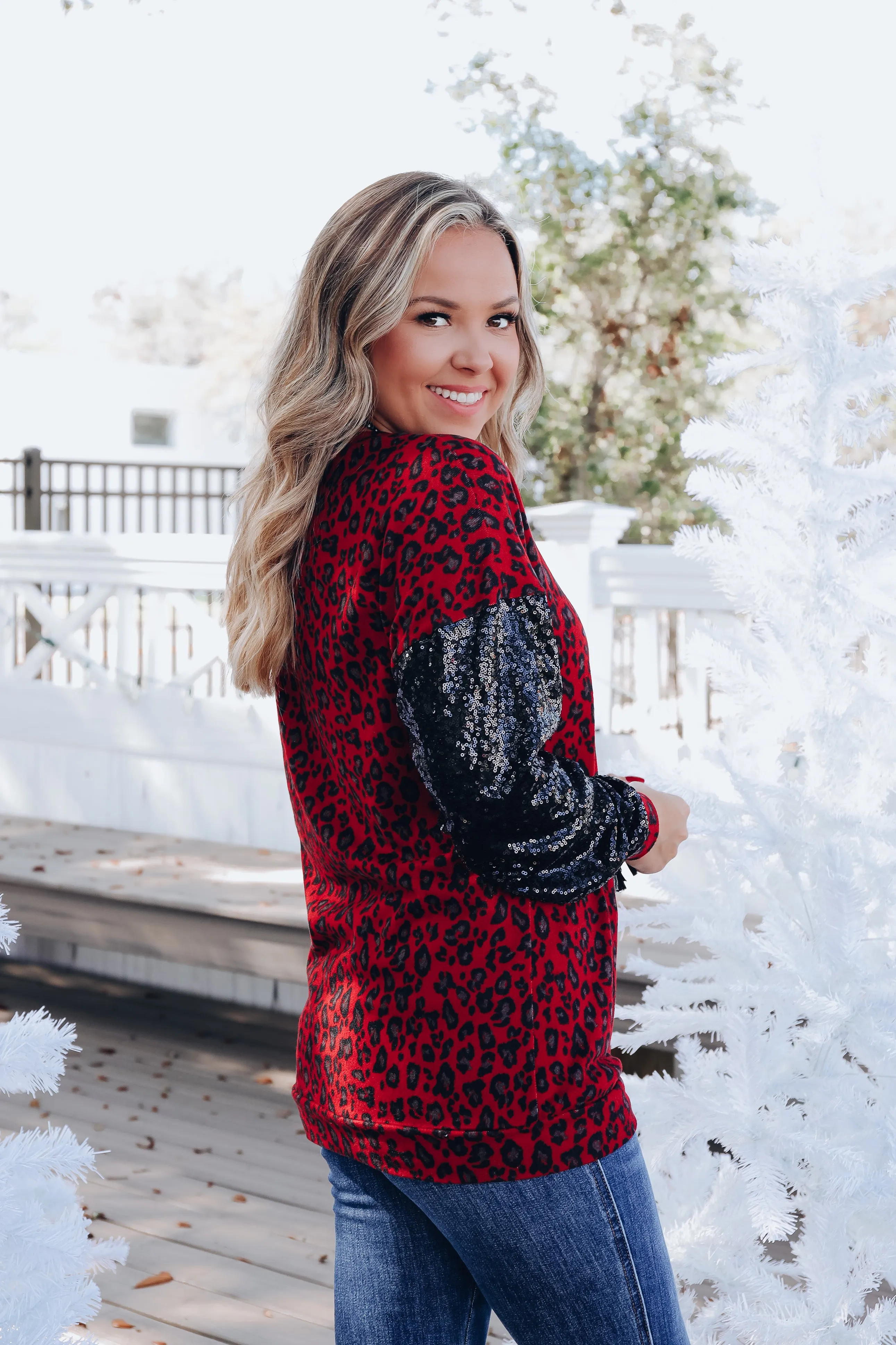 Fiery Leopard Sequin Sleeve Top - Black/Red