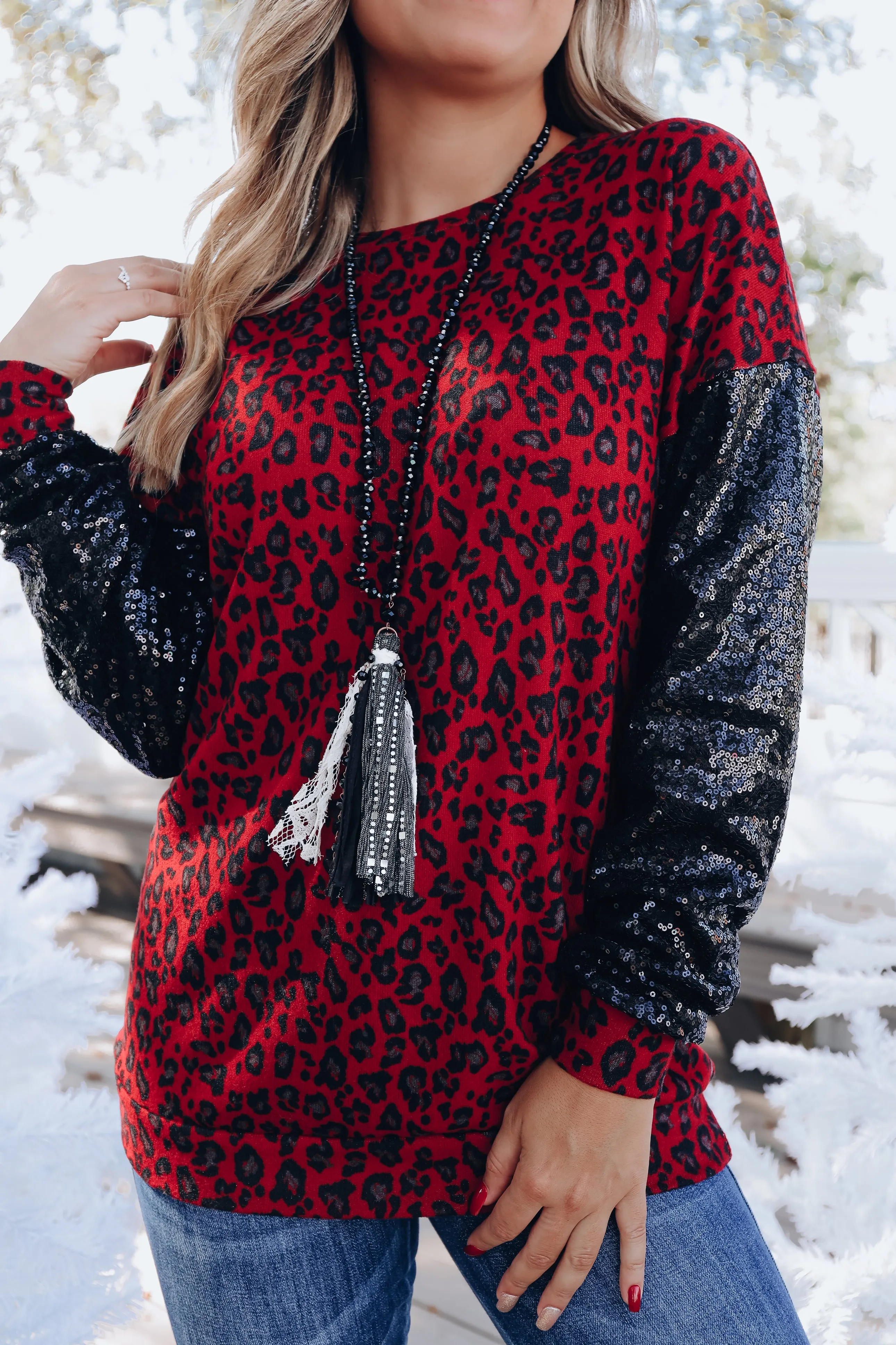 Fiery Leopard Sequin Sleeve Top - Black/Red
