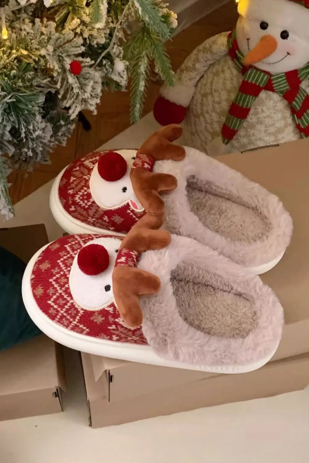 Fiery Red Christmas Cartoon Reindeer Plush Home Slippers