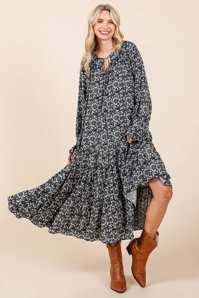Flowing Flowers Tie Neck Flounce Sleeve Midi Dress