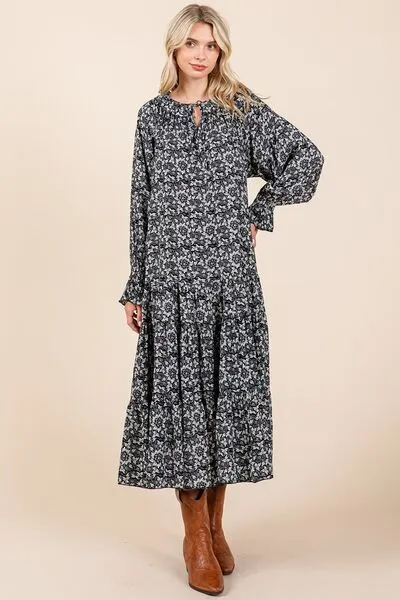 Flowing Flowers Tie Neck Flounce Sleeve Midi Dress