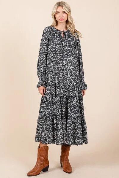 Flowing Flowers Tie Neck Flounce Sleeve Midi Dress