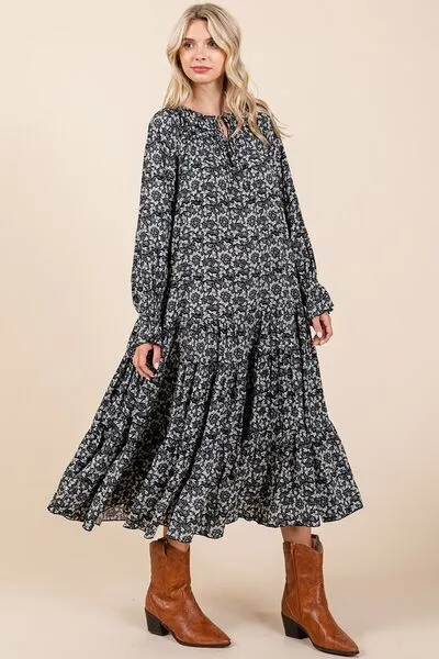 Flowing Flowers Tie Neck Flounce Sleeve Midi Dress