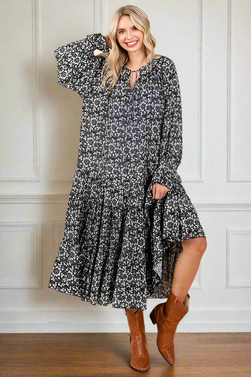 Flowing Flowers Tie Neck Flounce Sleeve Midi Dress