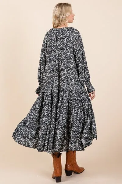 Flowing Flowers Tie Neck Flounce Sleeve Midi Dress
