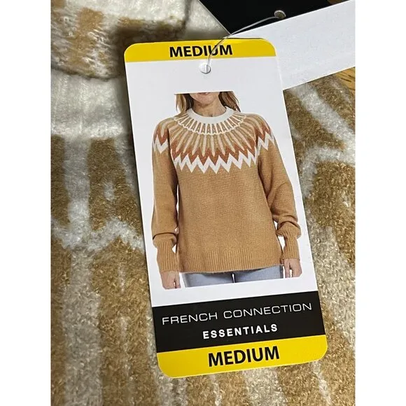 French Connection Essentials Sweater Womens Medium Fair Isle Camel