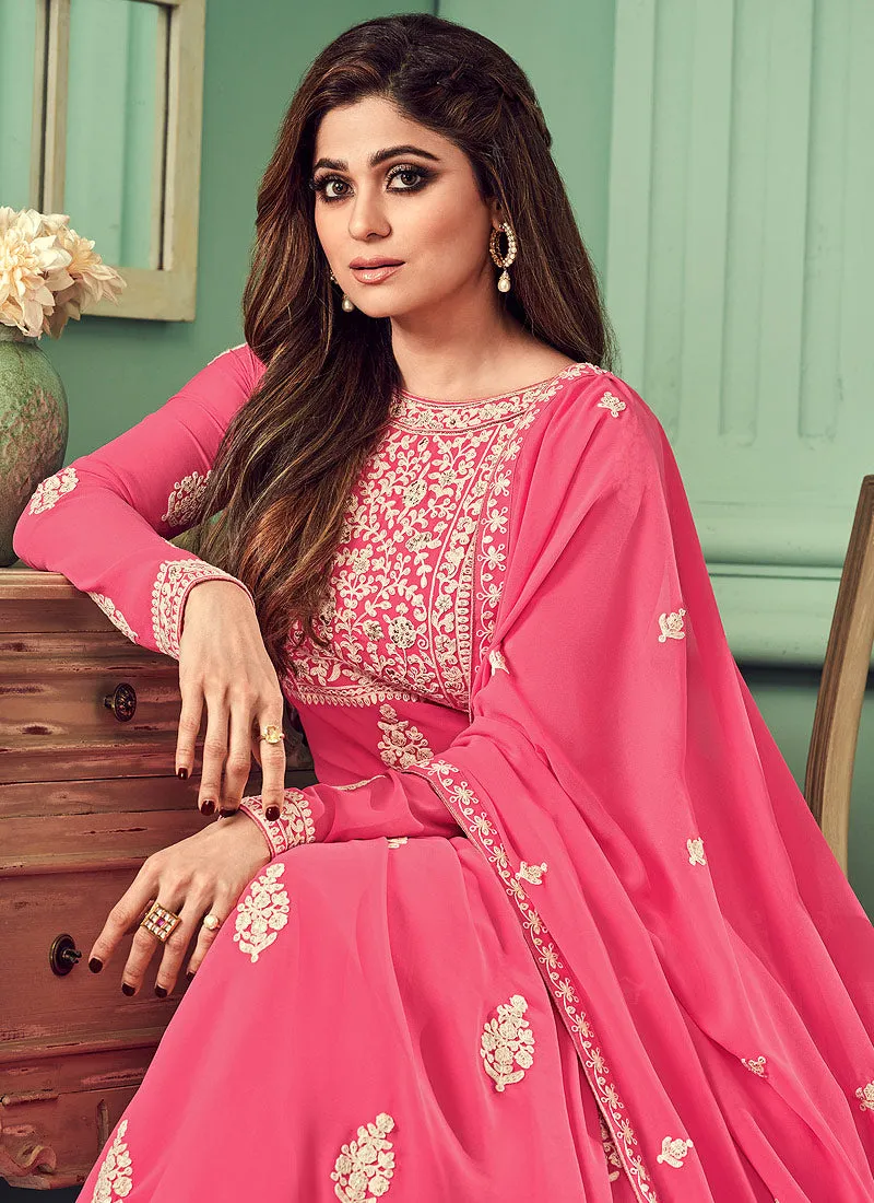 Fuchsia Pink Dori Embroidered Plaited Anarkali Suit