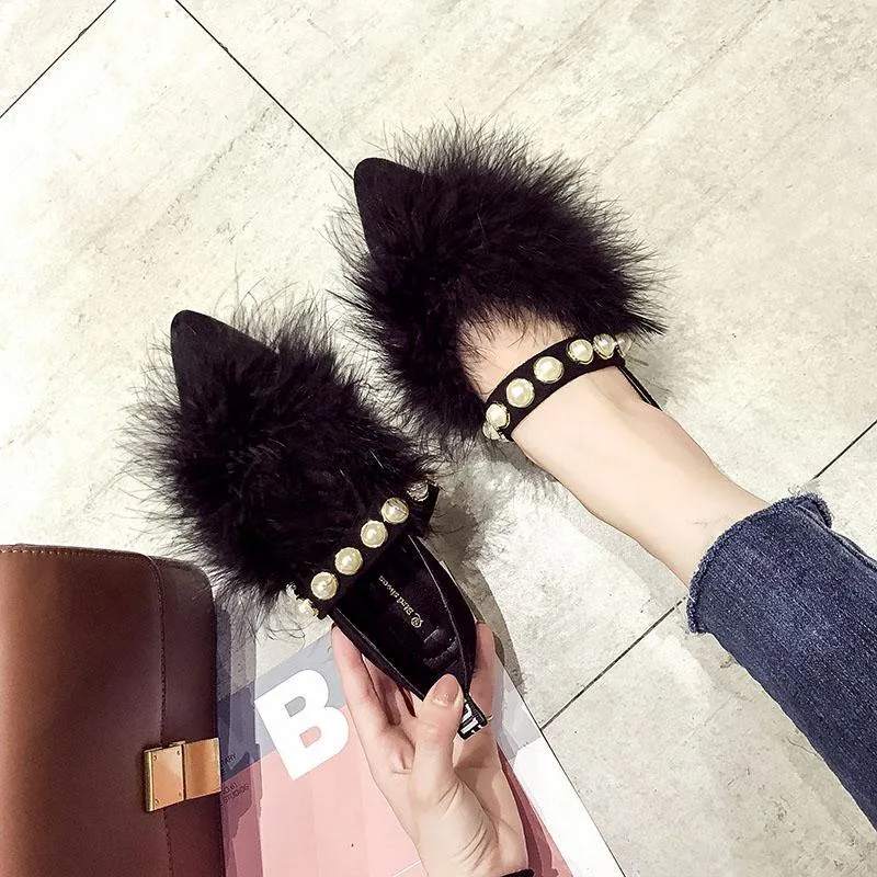 Furry Pearl Trim Fashion Flats