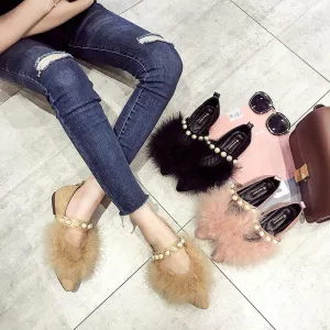 Furry Pearl Trim Fashion Flats