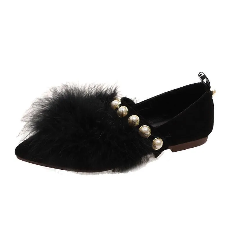 Furry Pearl Trim Fashion Flats