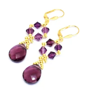 Genuine Austrian Crystal Teardrop Dangle Earrings - Amethyst & Gold