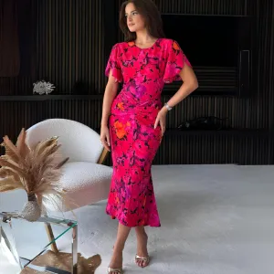 Girl In Mind Cleo Pink Floral Ruched Midi Dress | Cerise