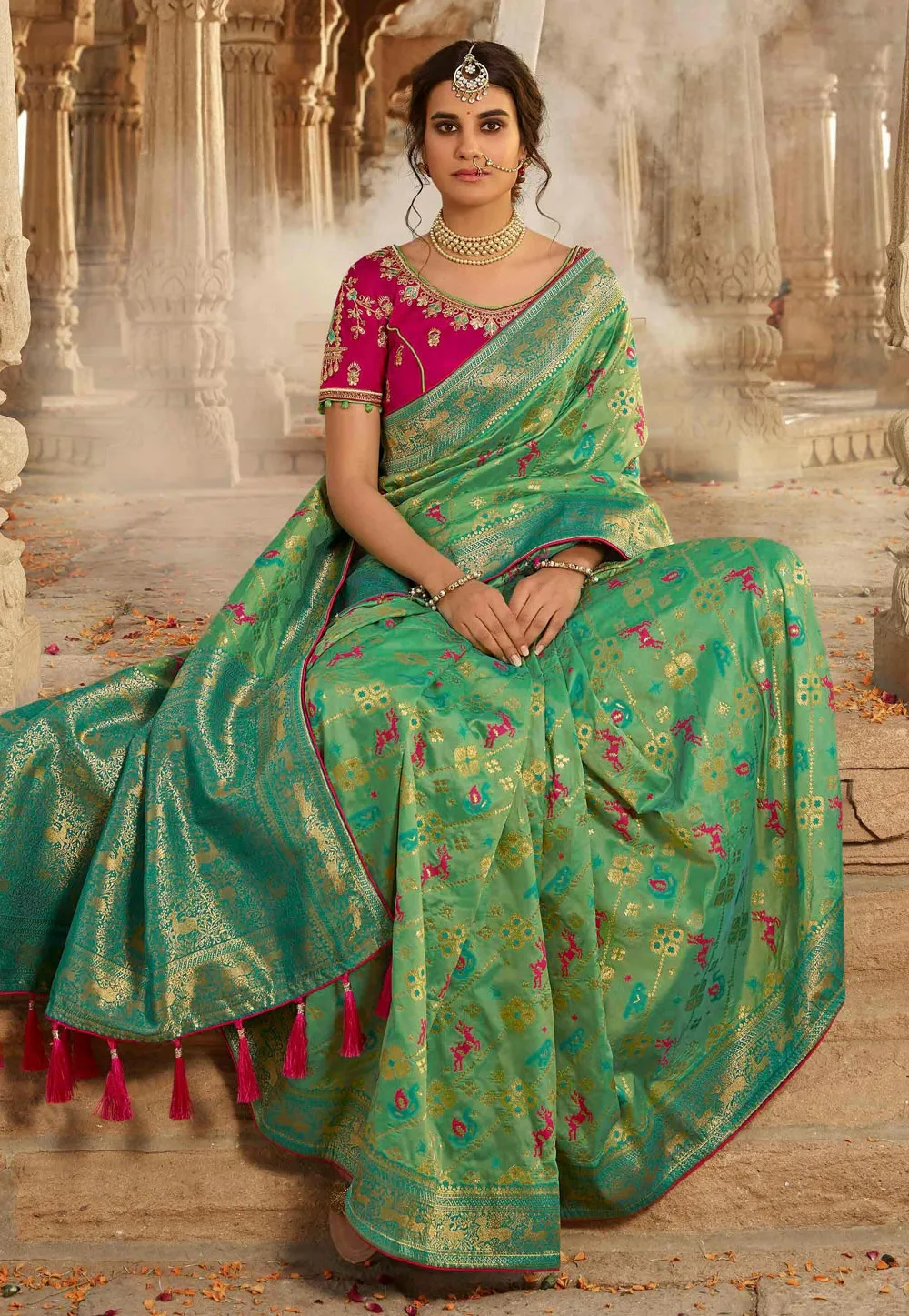Green And Pink Embroidered Wedding Saree