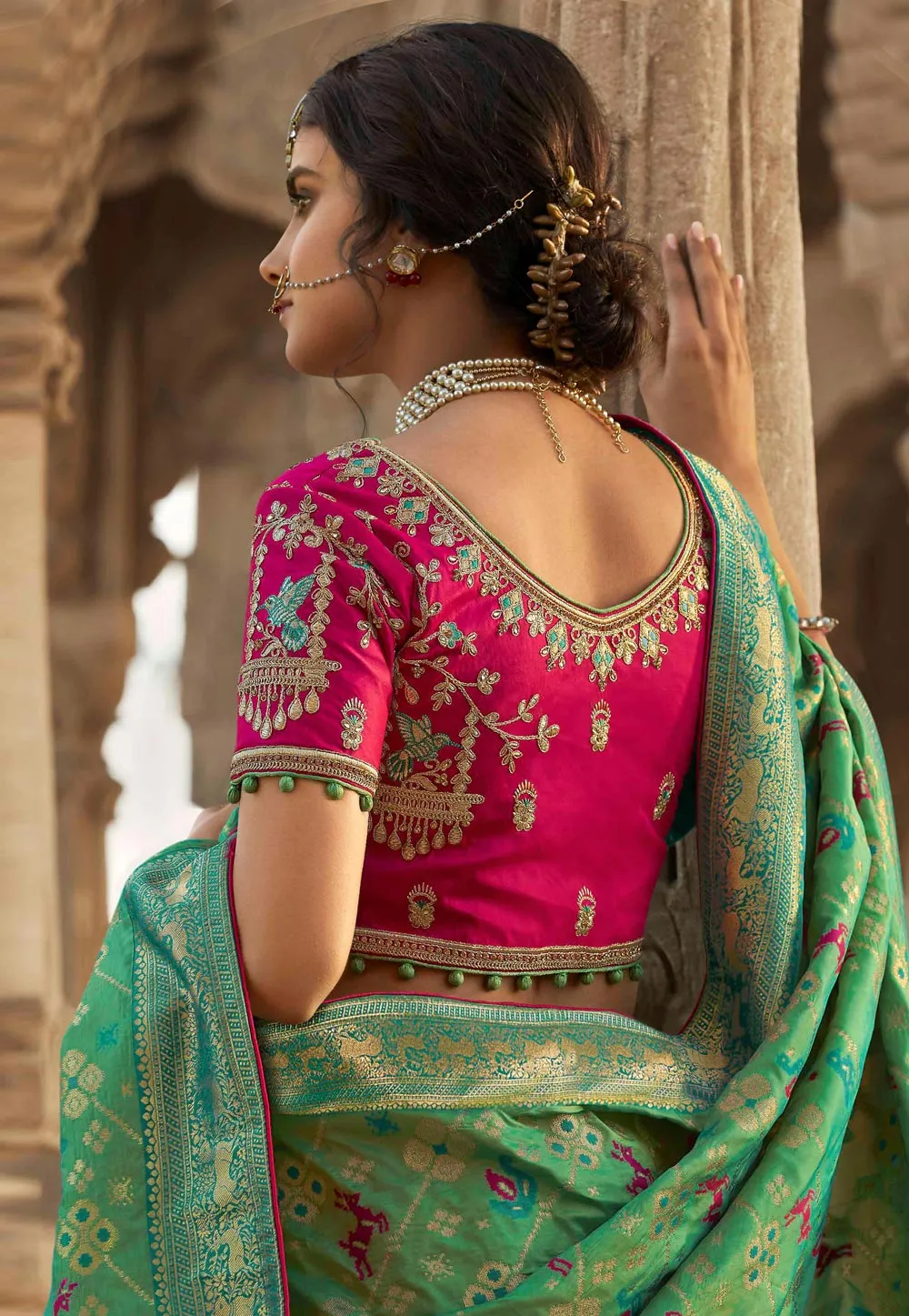 Green And Pink Embroidered Wedding Saree