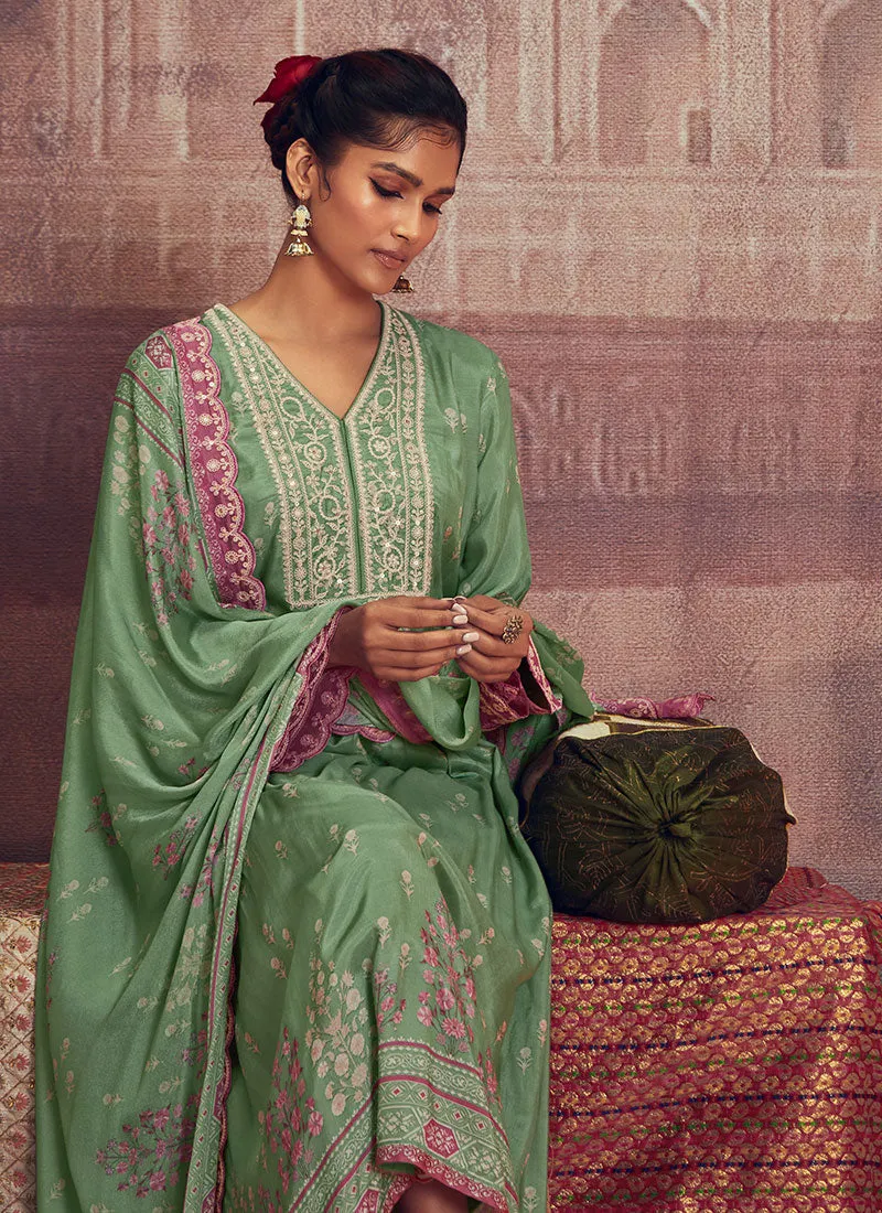 Green And Purple Thread Embroidery Anarkali Palazzo Suit