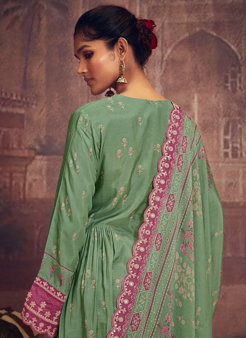 Green And Purple Thread Embroidery Anarkali Palazzo Suit