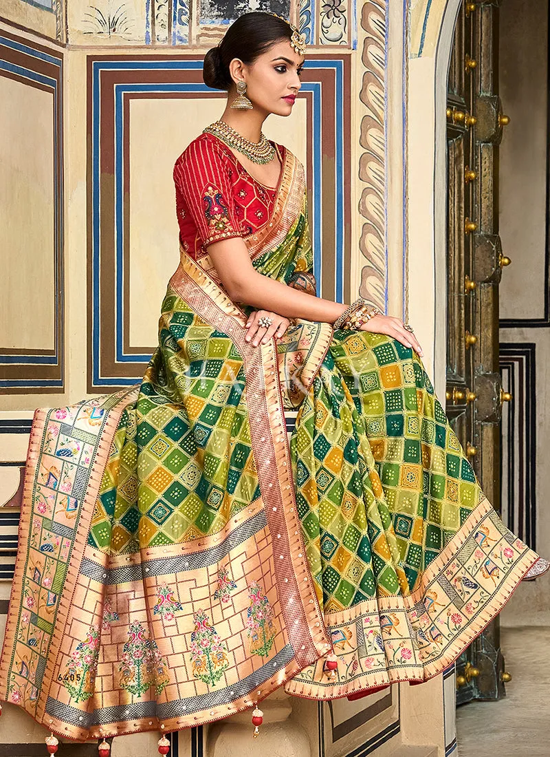 Green And Red Multi Embroidery Traditional Silk Saree
