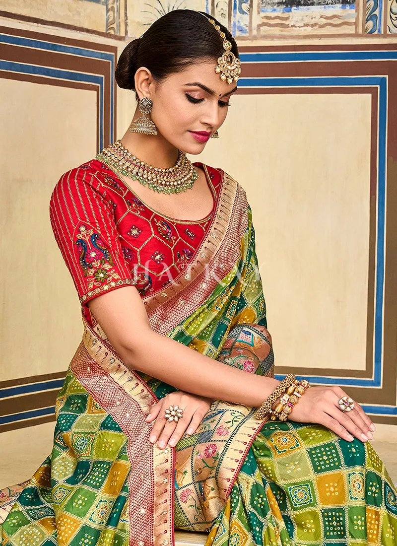 Green And Red Multi Embroidery Traditional Silk Saree