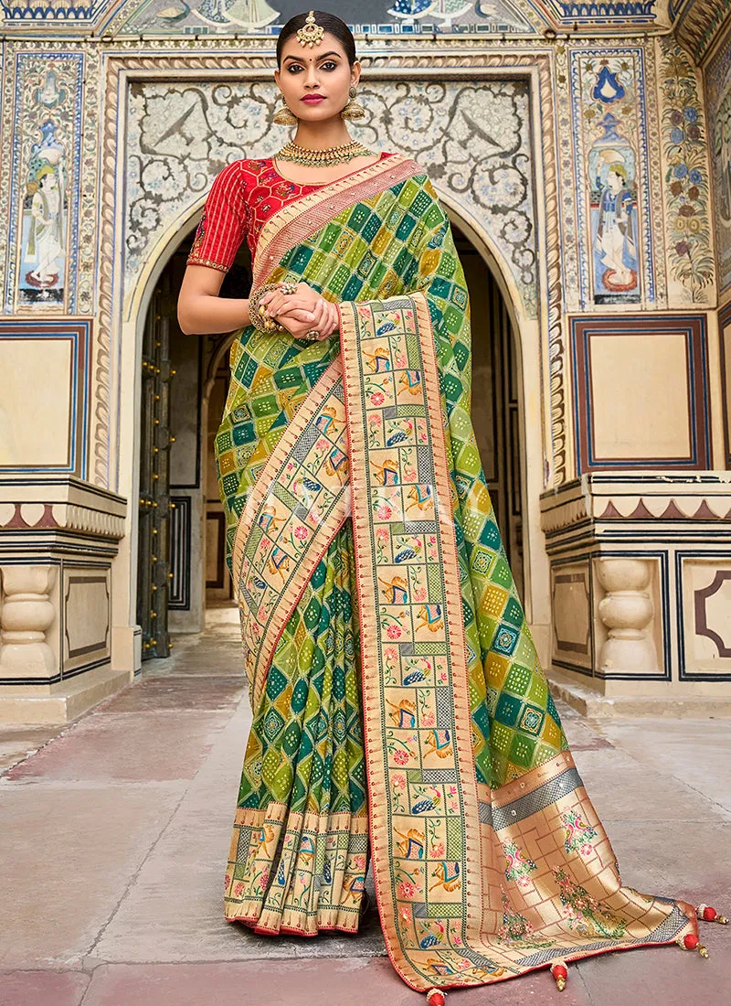 Green And Red Multi Embroidery Traditional Silk Saree