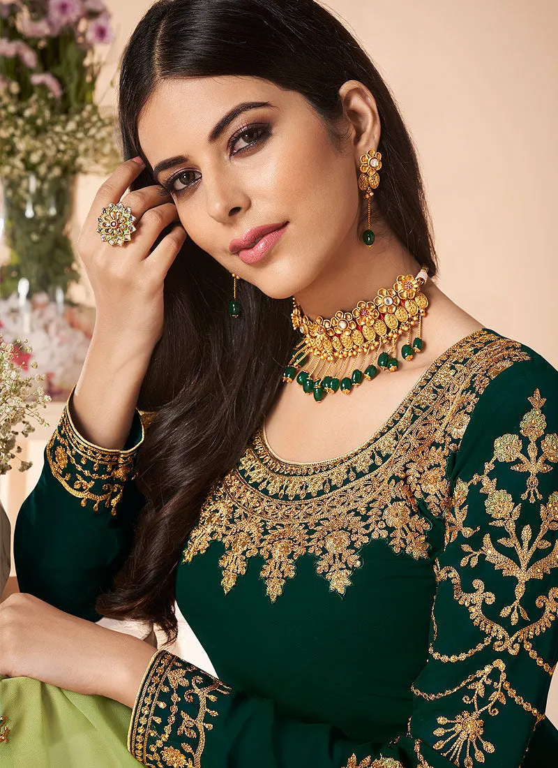 Green Dual Tone Multi Embroidered Churidar Suit