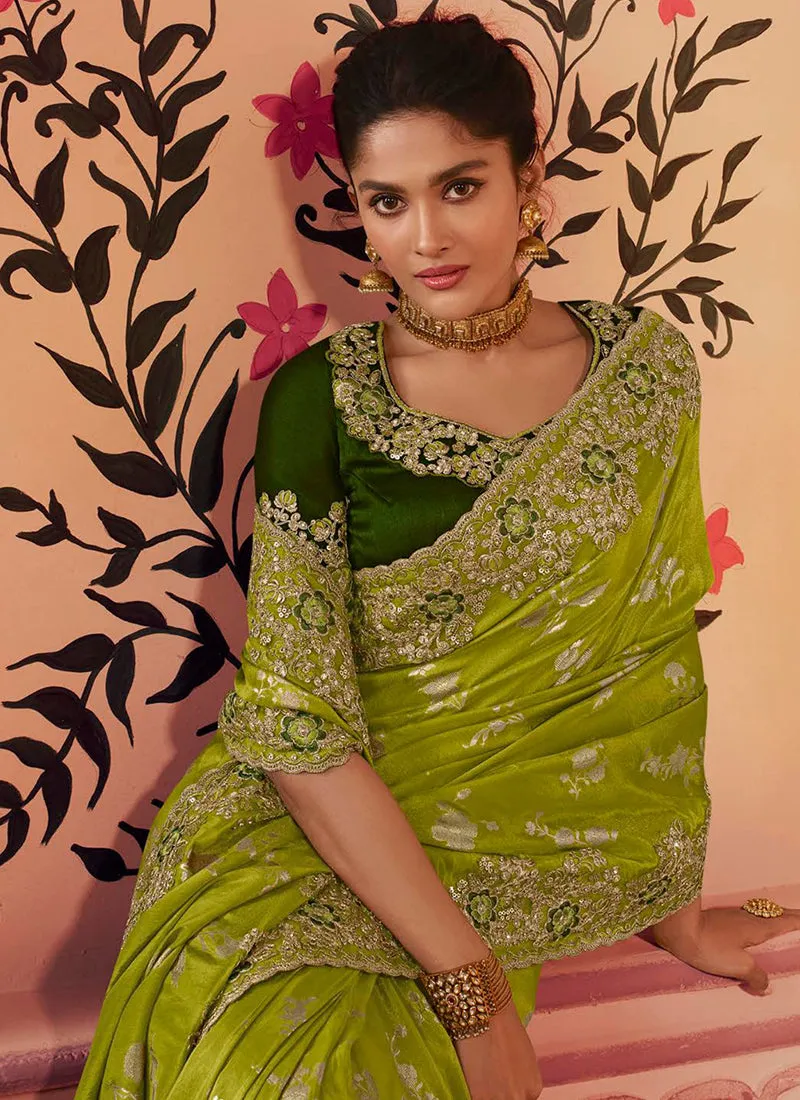 Green Golden Sequence Embroidered Wedding Saree