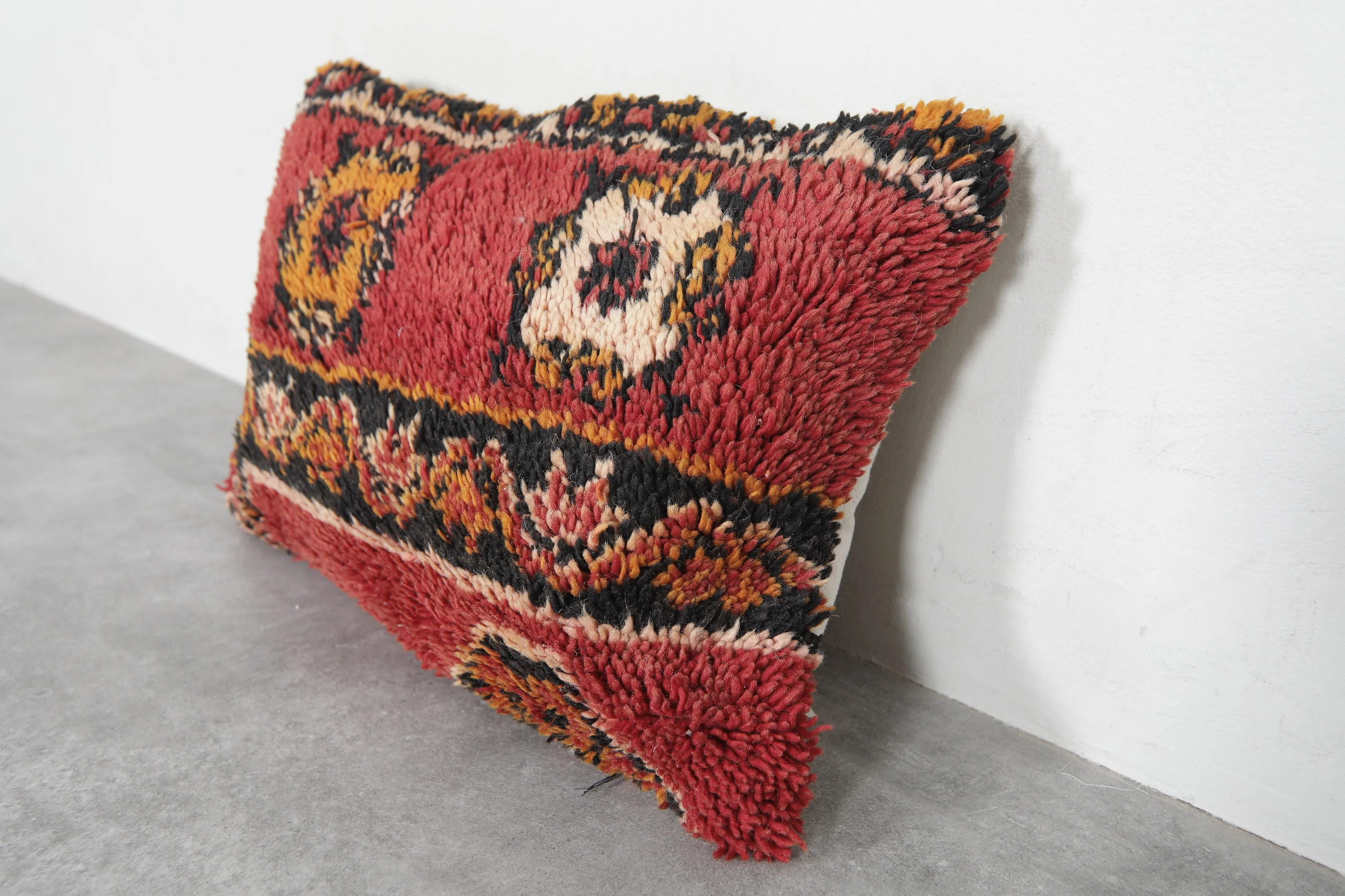 Handwoven Moroccan Wool Pillow with Bold Floral Patterns - 16.5 x 23.6 Inches