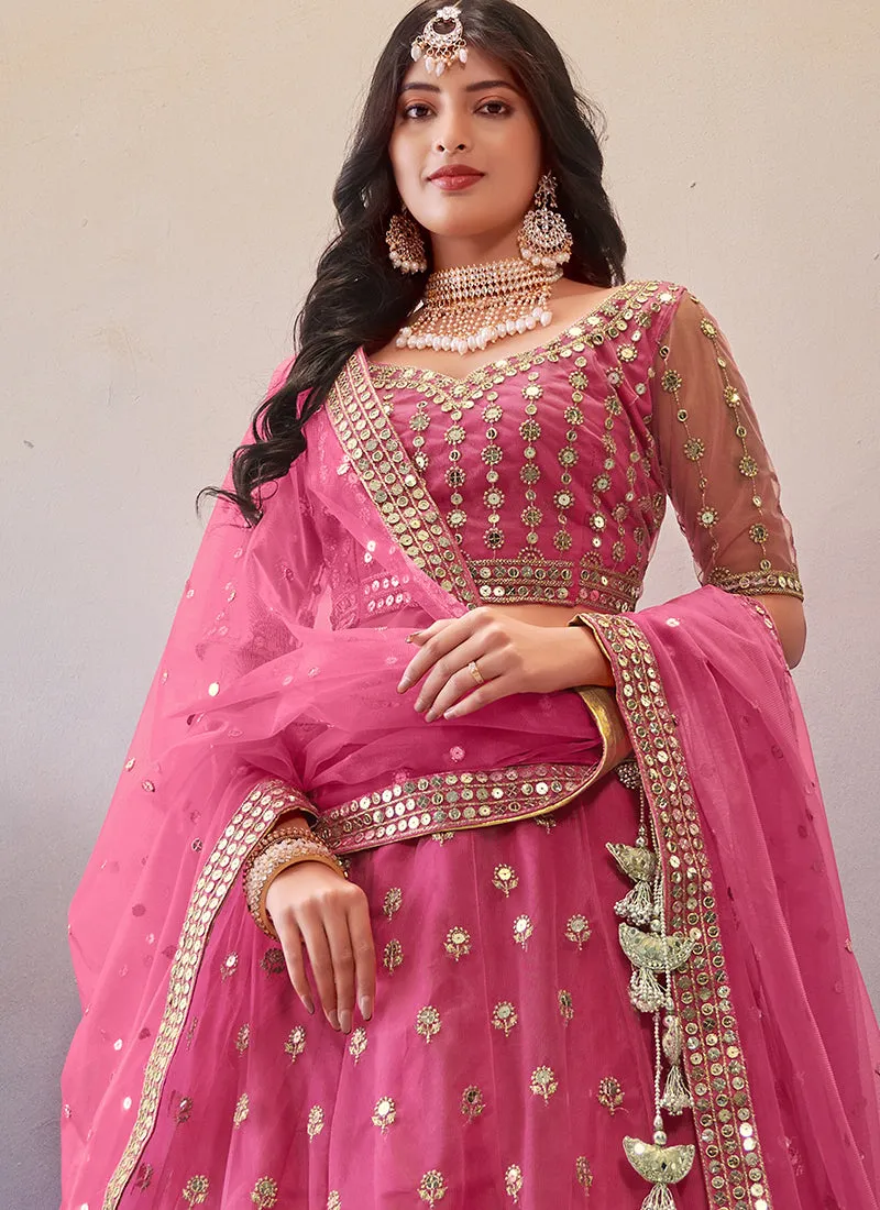 Hot Pink Mirror And Sequence Embroidery Wedding Lehenga Choli