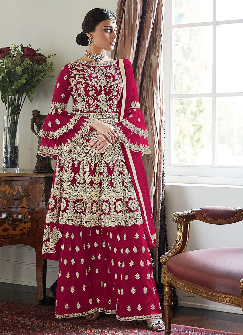 Hot Pink Multi Embroidered Designer Sharara Suit