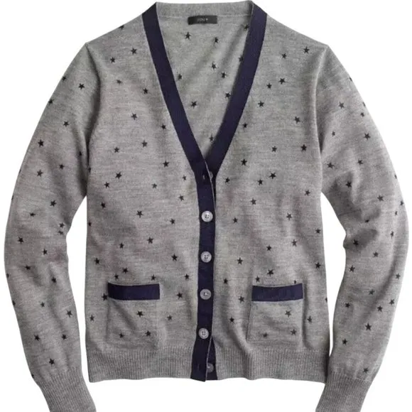 J. Crew Harlow Star Embroidered Merino Wool V Neck Cardigan Sweater Size XS