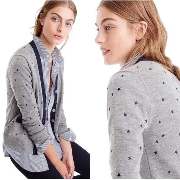 J. Crew Harlow Star Embroidered Merino Wool V Neck Cardigan Sweater Size XS
