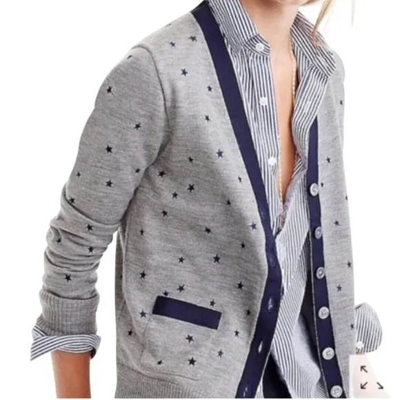 J. Crew Harlow Star Embroidered Merino Wool V Neck Cardigan Sweater Size XS