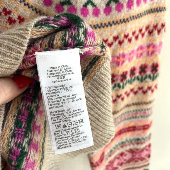 J. Crew Tan Cherry Fair Isle Pattern Puff Sleeve Wool Blend Sweater Womens XXS