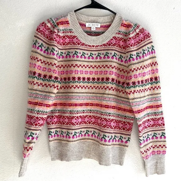 J. Crew Tan Cherry Fair Isle Pattern Puff Sleeve Wool Blend Sweater Womens XXS
