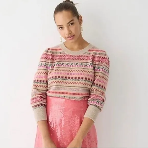 J. Crew Tan Cherry Fair Isle Pattern Puff Sleeve Wool Blend Sweater Womens XXS