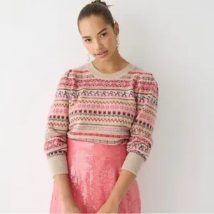 J. Crew Tan Cherry Fair Isle Pattern Puff Sleeve Wool Blend Sweater Womens XXS