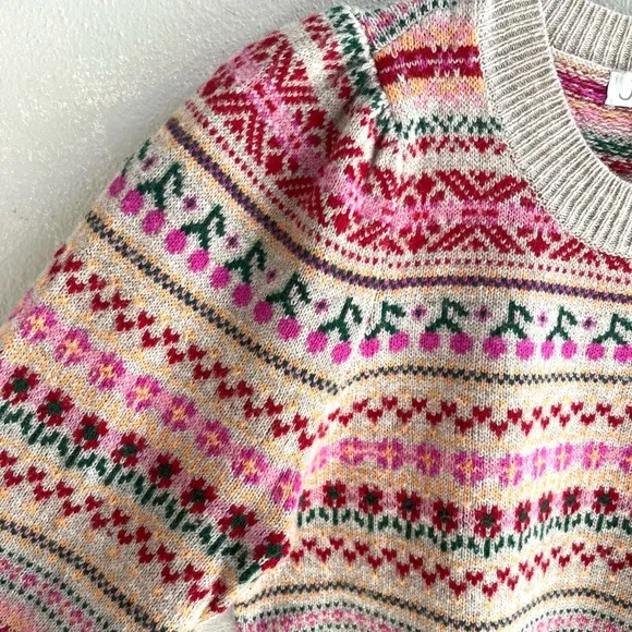 J. Crew Tan Cherry Fair Isle Pattern Puff Sleeve Wool Blend Sweater Womens XXS