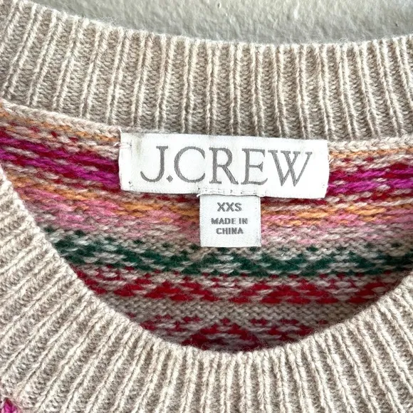 J. Crew Tan Cherry Fair Isle Pattern Puff Sleeve Wool Blend Sweater Womens XXS