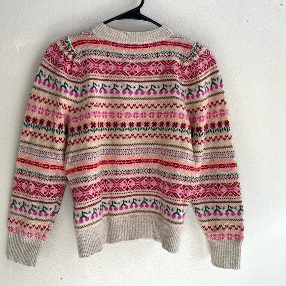 J. Crew Tan Cherry Fair Isle Pattern Puff Sleeve Wool Blend Sweater Womens XXS