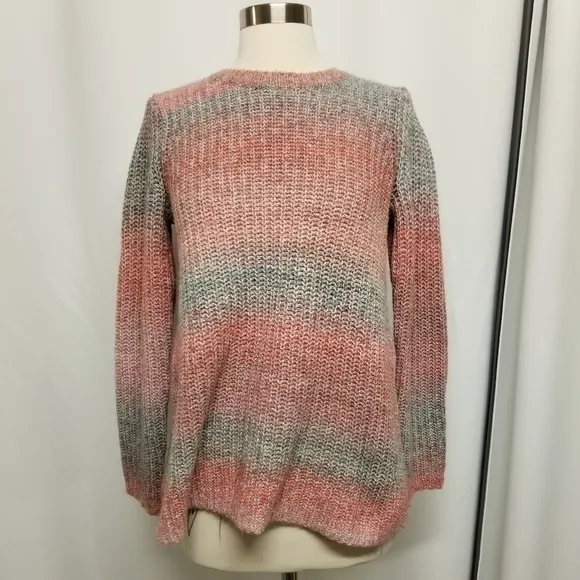J. Jill Wool Cotton Blend Pink Blue Gray Ombre Knit Pullover Crewneck Sweater XS