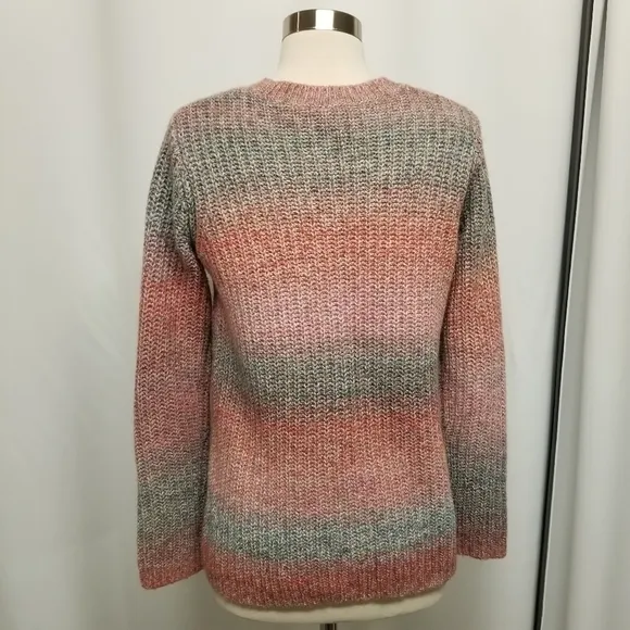 J. Jill Wool Cotton Blend Pink Blue Gray Ombre Knit Pullover Crewneck Sweater XS