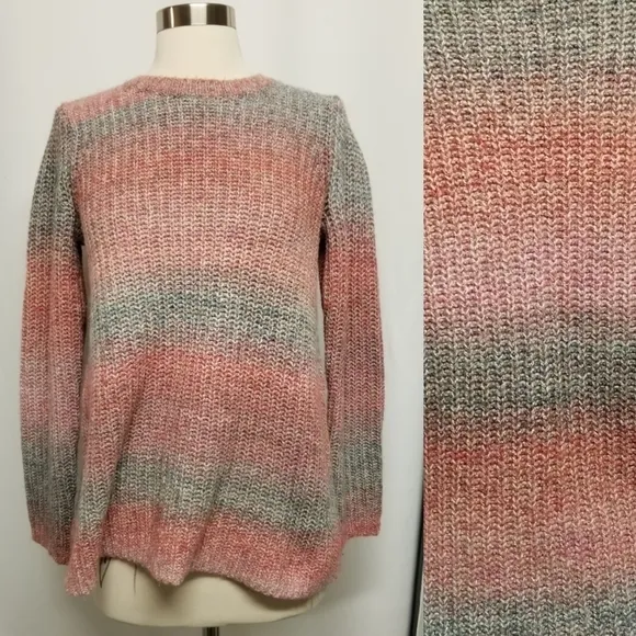 J. Jill Wool Cotton Blend Pink Blue Gray Ombre Knit Pullover Crewneck Sweater XS