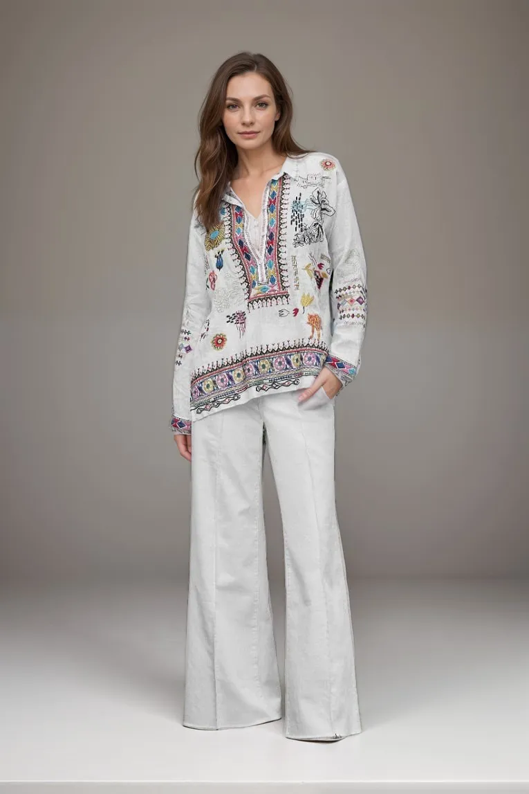 Johnny Was Biya Simmie Linen Embroidered Blouse B13424 *